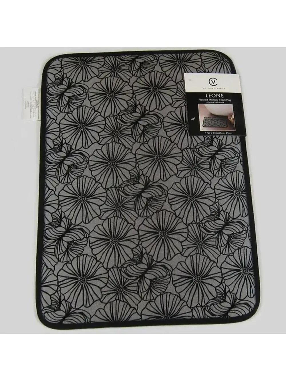 Memory Foam Bath Mat Rug Non-slip Black & Gray Floral 17x24 NEW